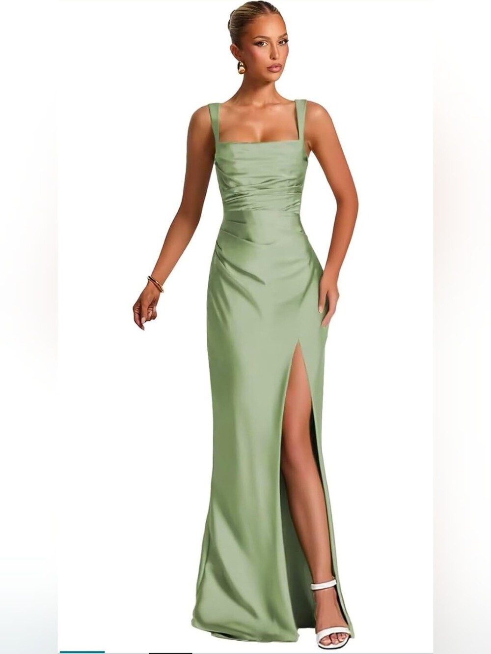 Women's Satin Mermaid Corset Long Dress with Slit- Sage Green